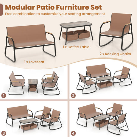 Juego de muebles de patio de 4 piezas con sillas de bistró mecedoras y tela de malla transpirable - Café