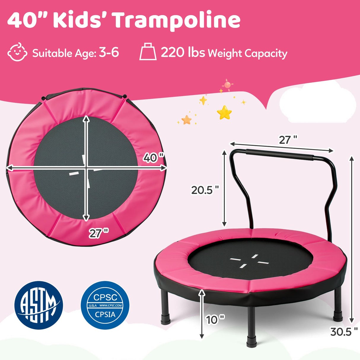 Trampolín de 40 pulgadas para niños, trampolín de fitness para interiores y exteriores