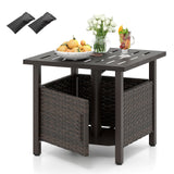 Mesa auxiliar de exterior con agujero para sombrilla de 4.9 cm, de mimbre PE, para patio, para todo tipo de clima - Marrón