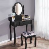 Wooden Vanity Makeup Set with Cushioned Stool and Oval Rotating Mirror