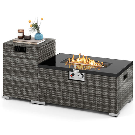 Juego de 2 piezas de mesa de fuego de ratán para exterior, fogón de gas rectangular de 32 pulgadas con cubierta para el tanque