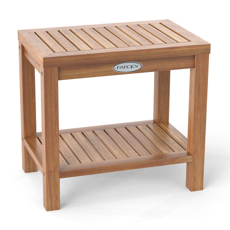 Taburete de ducha de madera de teca de 19 pulgadas para interior de ducha con estante de almacenamiento