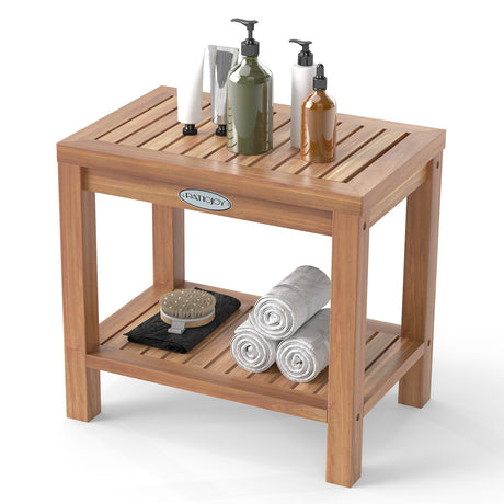 Taburete de ducha de madera de teca de 19 pulgadas para interior de ducha con estante de almacenamiento
