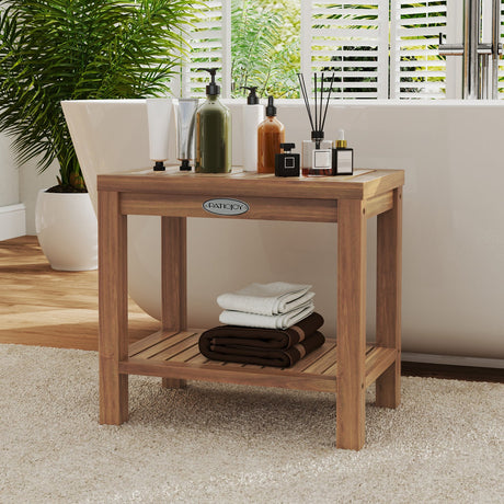 Taburete de ducha de madera de teca de 19 pulgadas para interior de ducha con estante de almacenamiento