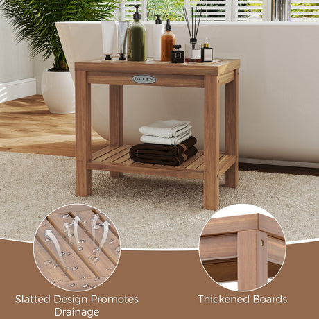 Taburete de ducha de madera de teca de 19 pulgadas para interior de ducha con estante de almacenamiento