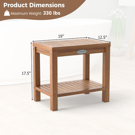Taburete de ducha de madera de teca de 19 pulgadas para interior de ducha con estante de almacenamiento