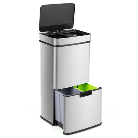 Cubo de basura de acero inoxidable de 19 galones con cubo de residuos de cocina y 2 cubos de reciclaje inferiores-Plateado
