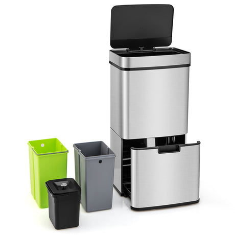 Cubo de basura de acero inoxidable de 19 galones con cubo de residuos de cocina y 2 cubos de reciclaje inferiores-Plateado