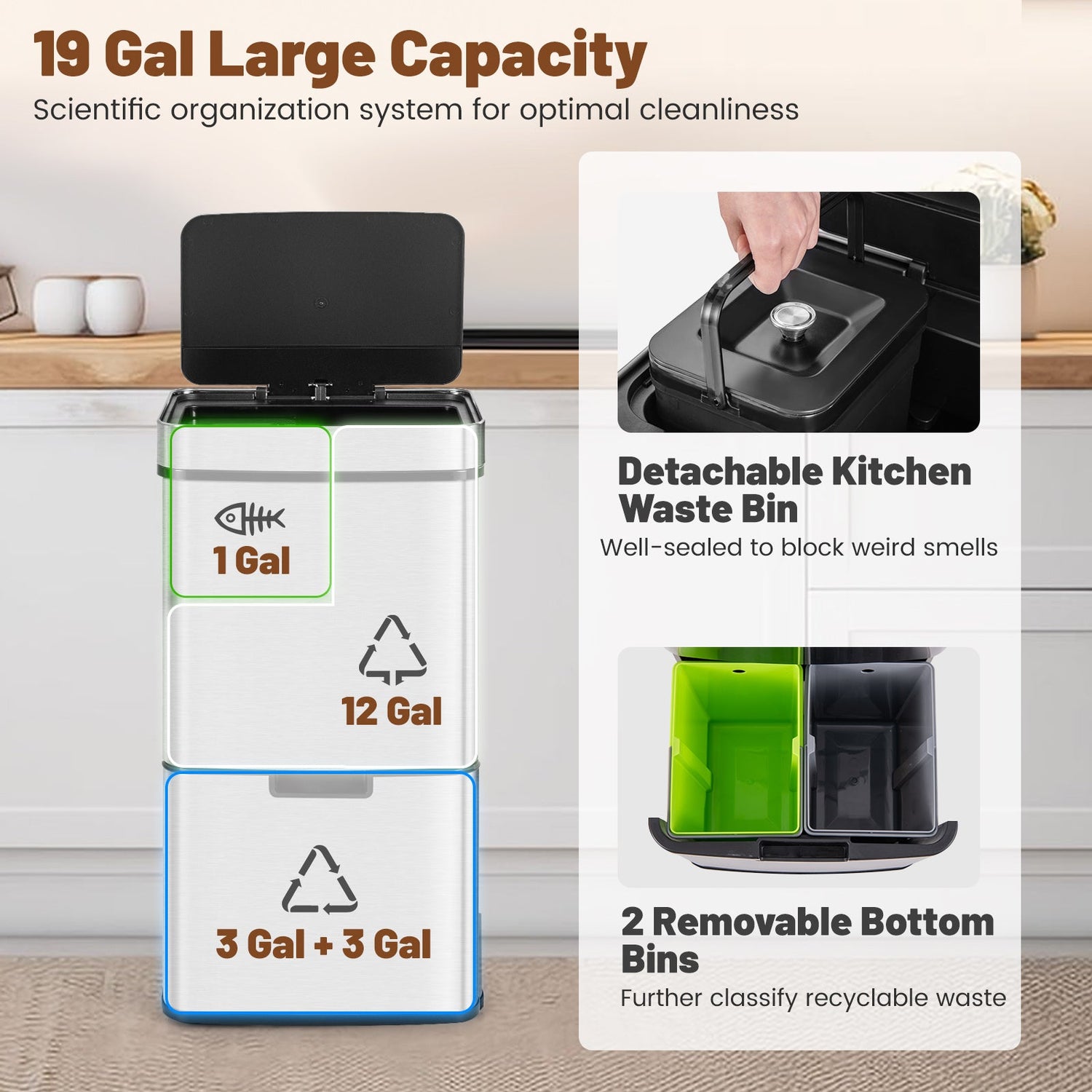 Cubo de basura de acero inoxidable de 19 galones con cubo de residuos de cocina y 2 cubos de reciclaje inferiores-Plateado