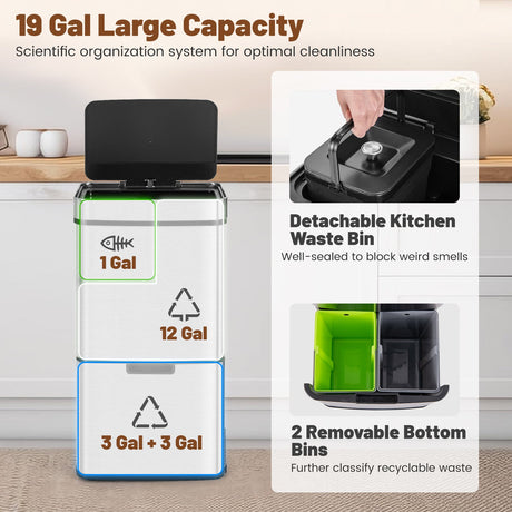 Cubo de basura de acero inoxidable de 19 galones con cubo de residuos de cocina y 2 cubos de reciclaje inferiores-Plateado