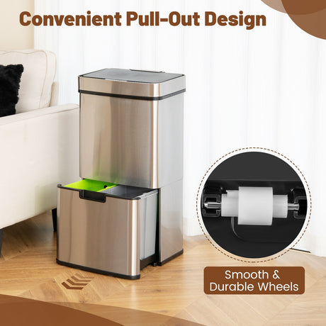 Cubo de basura de acero inoxidable de 19 galones con cubo de residuos de cocina y 2 cubos de reciclaje inferiores-Plateado