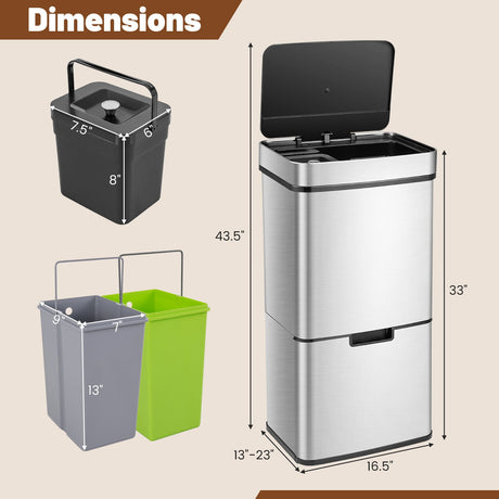 Cubo de basura de acero inoxidable de 19 galones con cubo de residuos de cocina y 2 cubos de reciclaje inferiores-Plateado