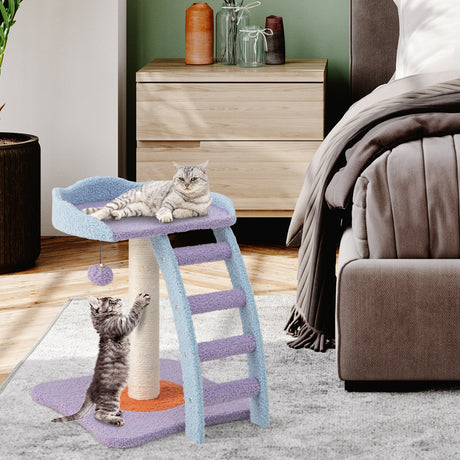 Árbol para gatos de peluche de mohair de 19 pulgadas con escalera y pelota con cascabel-Morado