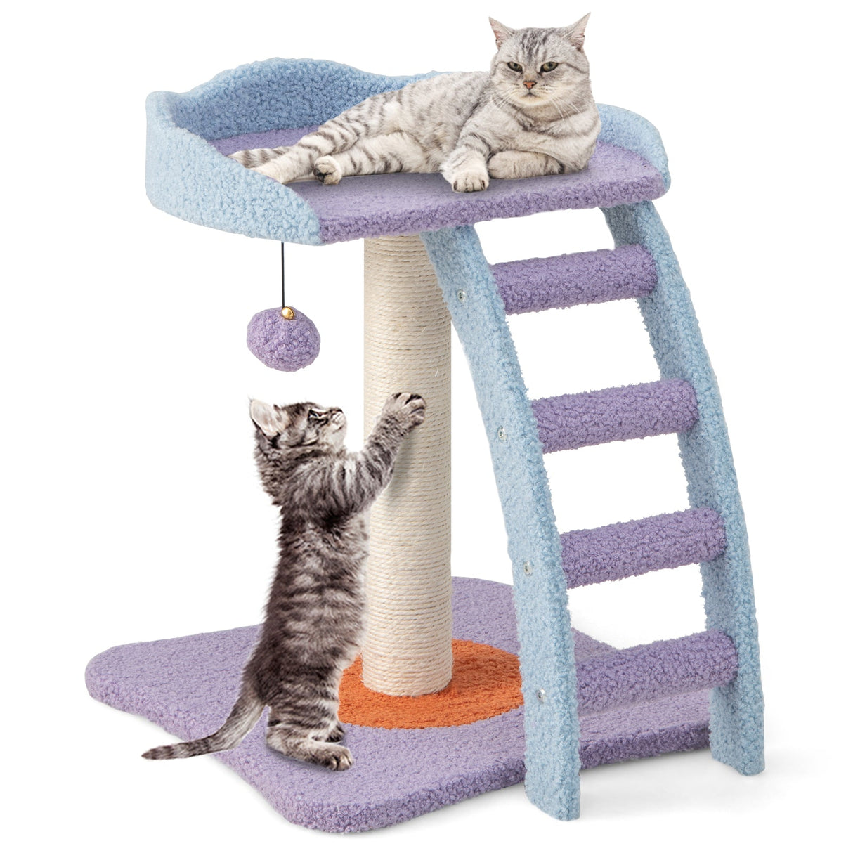 Árbol para gatos de peluche de mohair de 19 pulgadas con escalera y pelota con cascabel-Morado