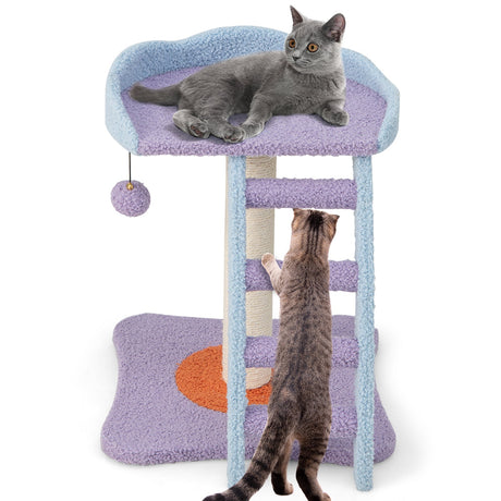 Árbol para gatos de peluche de mohair de 19 pulgadas con escalera y pelota con cascabel-Morado
