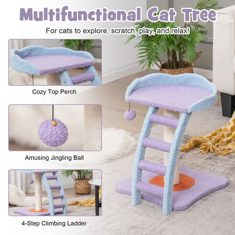 Árbol para gatos de peluche de mohair de 19 pulgadas con escalera y pelota con cascabel-Morado