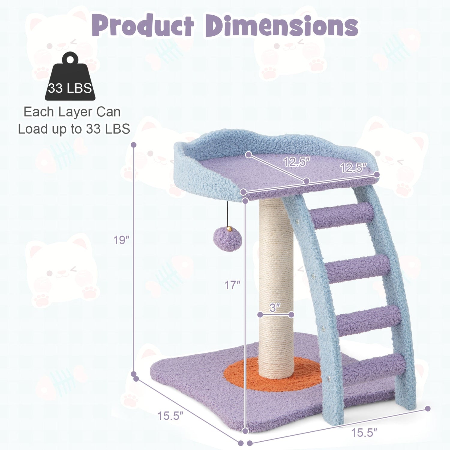 Árbol para gatos de peluche de mohair de 19 pulgadas con escalera y pelota con cascabel-Morado