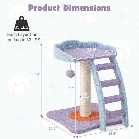 Árbol para gatos de peluche de mohair de 19 pulgadas con escalera y pelota con cascabel-Morado