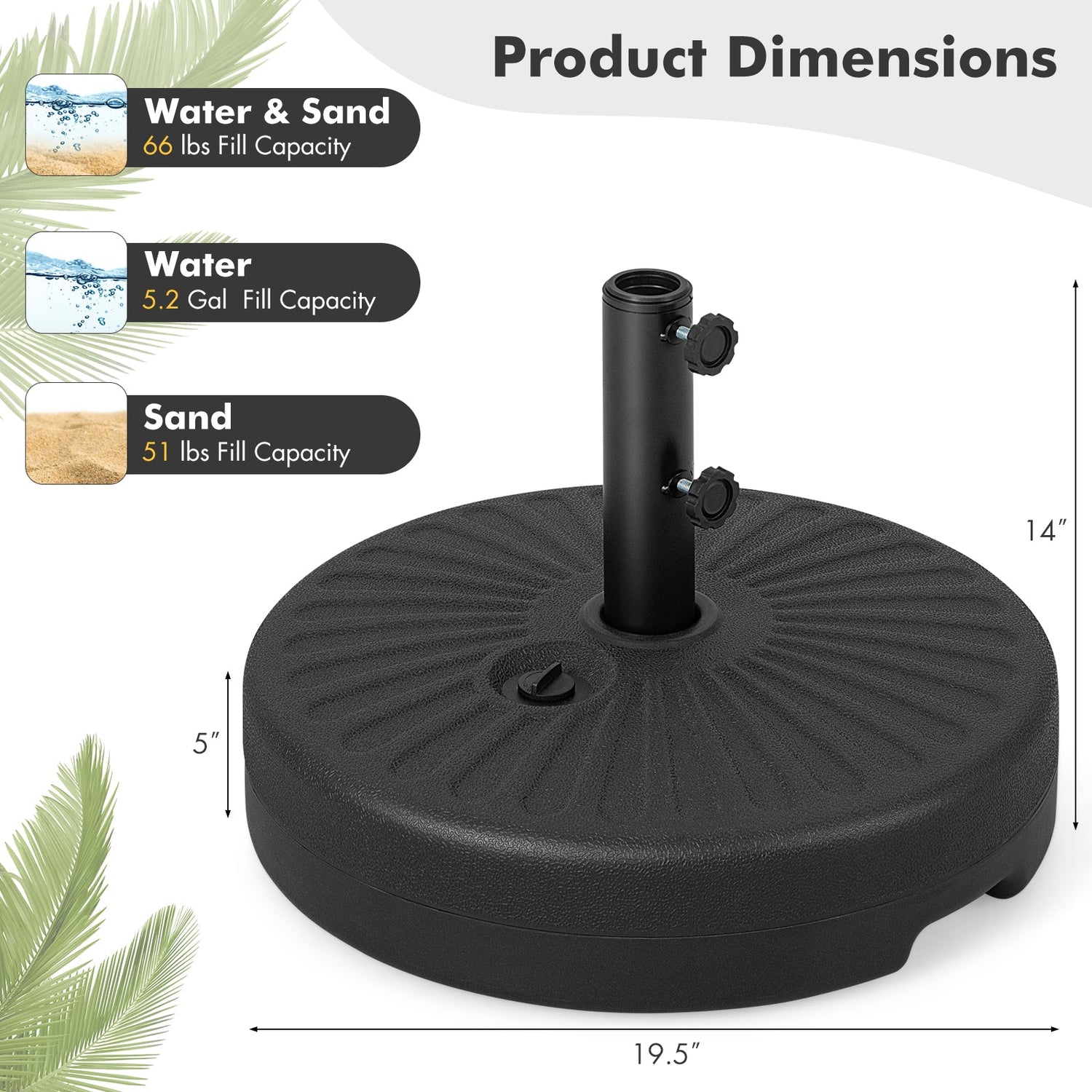 Base de sombrilla redonda rellenable de 19.5 pulgadas para jardín y piscina - Negro