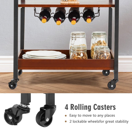 Carrito de bar de cocina de 3 niveles con soporte para vasos y botellero