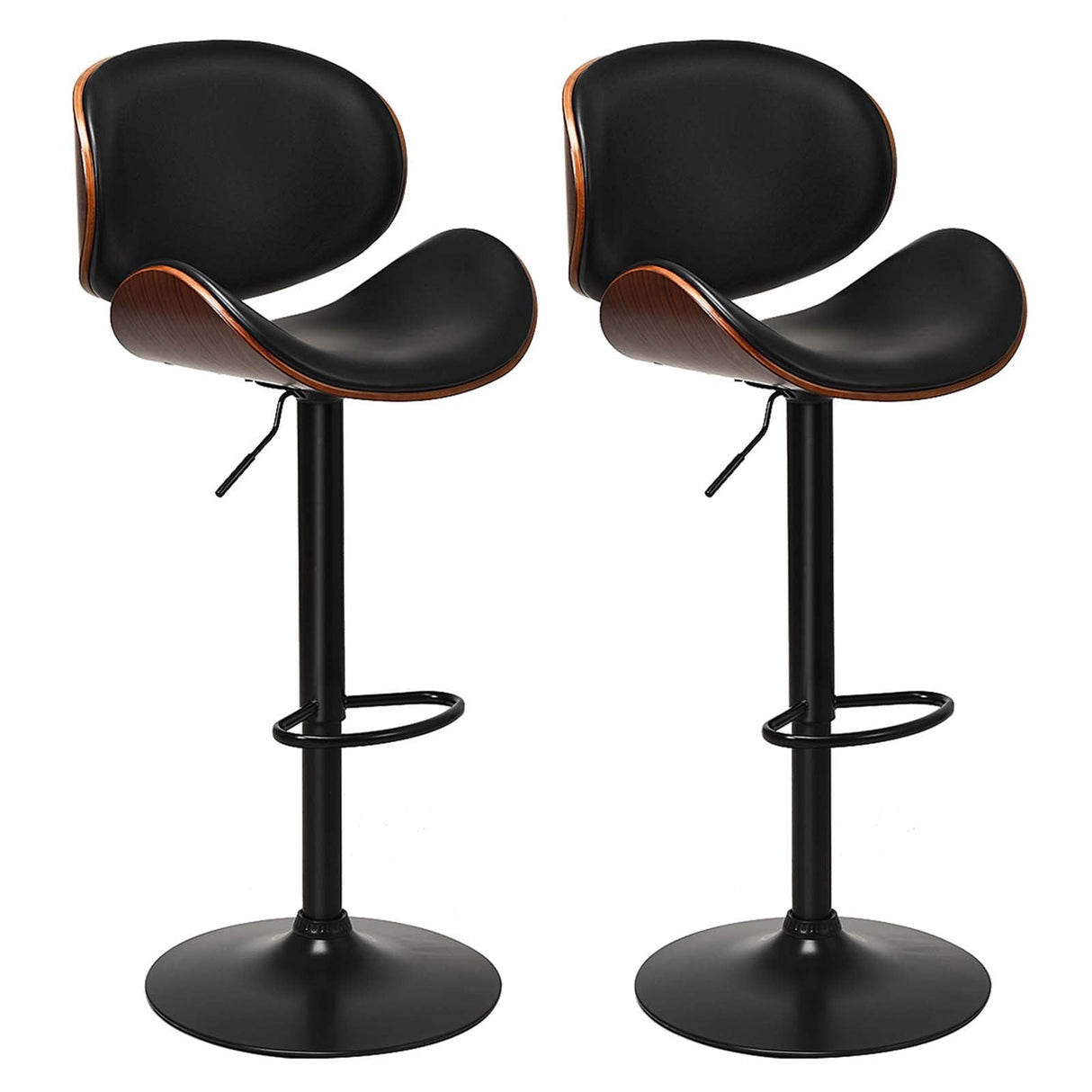 Juego de 2 taburetes de bar ajustables de cuero PU giratorios con reposapiés curvo