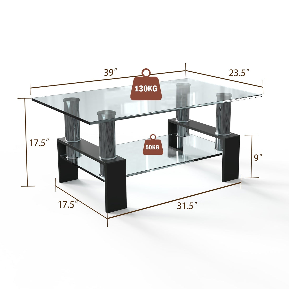 Mesa de centro rectangular de cristal con patas metálicas para salón