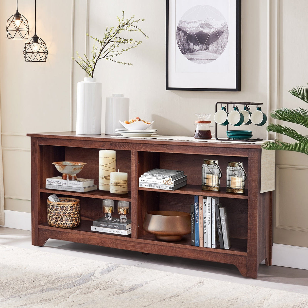 Mueble para TV de madera de 58 pulgadas para televisores de hasta 65 pulgadas con 4 estantes de almacenamiento abiertos
