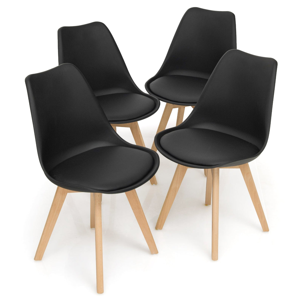 Juego de 4 sillas de comedor modernas de mediados de siglo con asiento de PU de carcasa y patas de madera