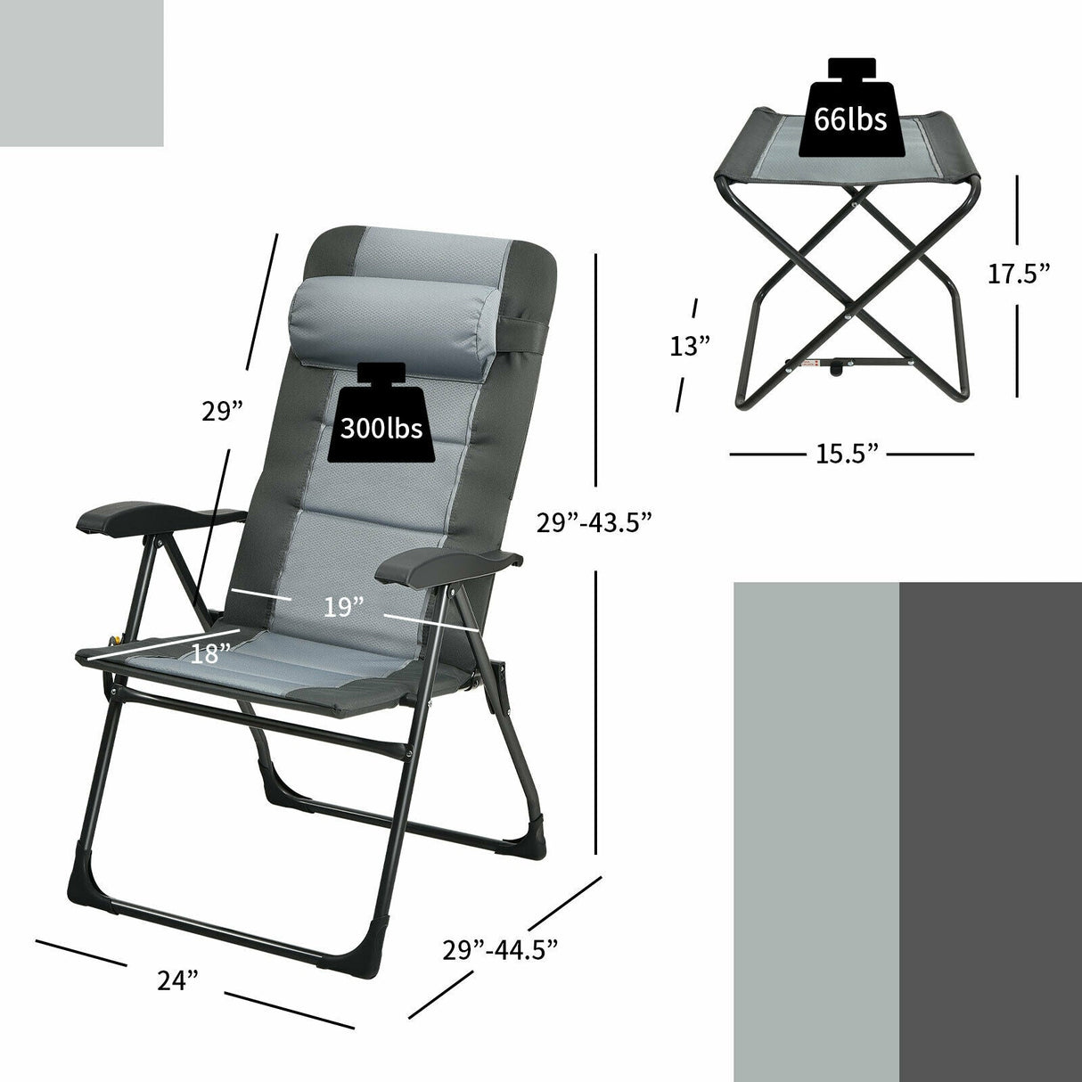 Juego de 2 sillas plegables de comedor con reposapiés, ajustables reclinables, para patio, Patiojoy, gris