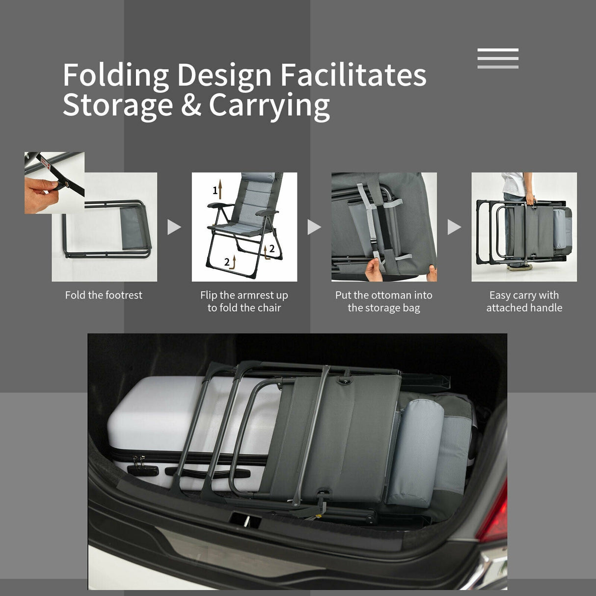 Juego de 2 sillas plegables de comedor con reposapiés, ajustables reclinables, para patio, Patiojoy, gris