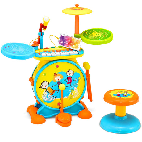 Juego de batería y teclado electrónico 2 en 1 para niños con taburete
