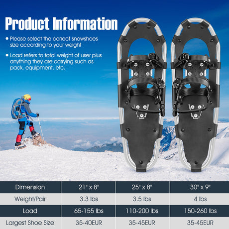 Raquetas de nieve ligeras para todo terreno 4 en 1 de 21/25/30 pulgadas con sistema de pivote flexible