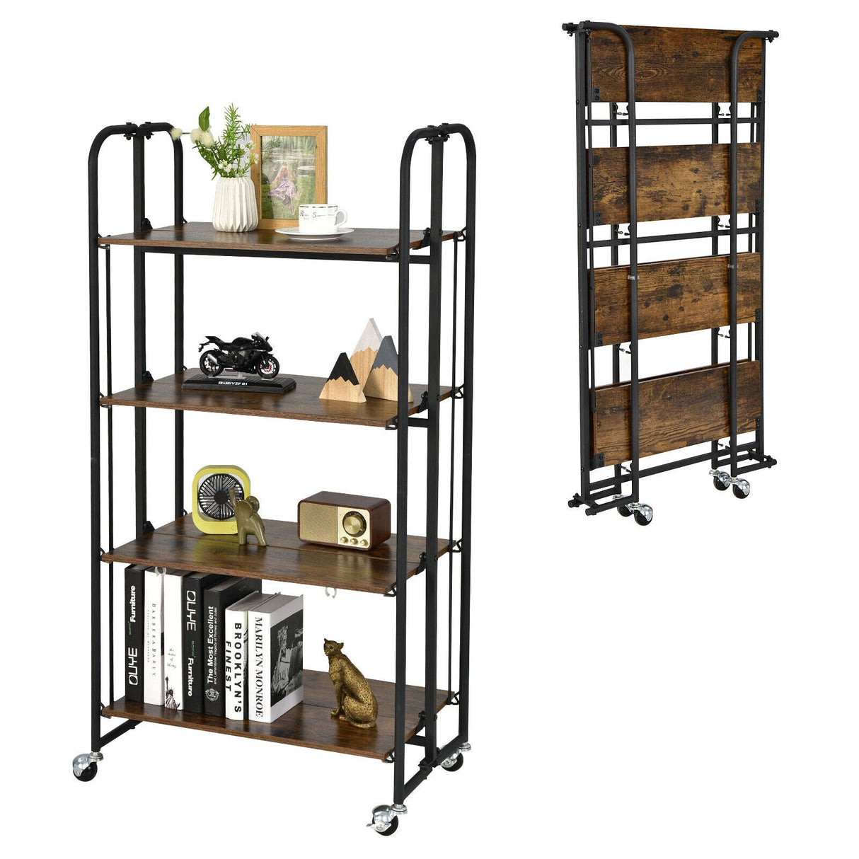 Carrito Plegable con Ruedas y Estantes de Almacenamiento para Cocina-4 Niveles