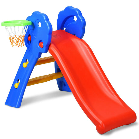 Tobogán plegable de plástico para niños de 2 escalones con aro de baloncesto