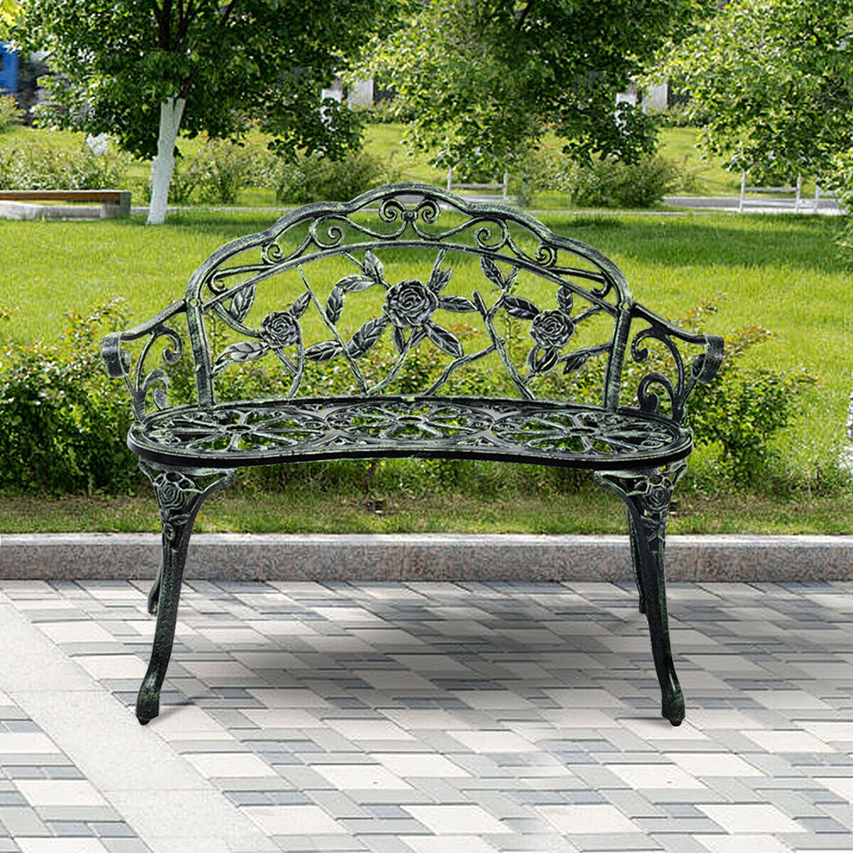 Banco de patio de aluminio fundido para exterior, diseño Rosa Antigua