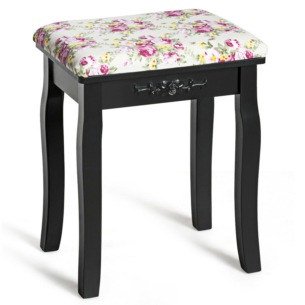 Taburete tocador de madera, asiento de piano acolchado con cojín de rosas