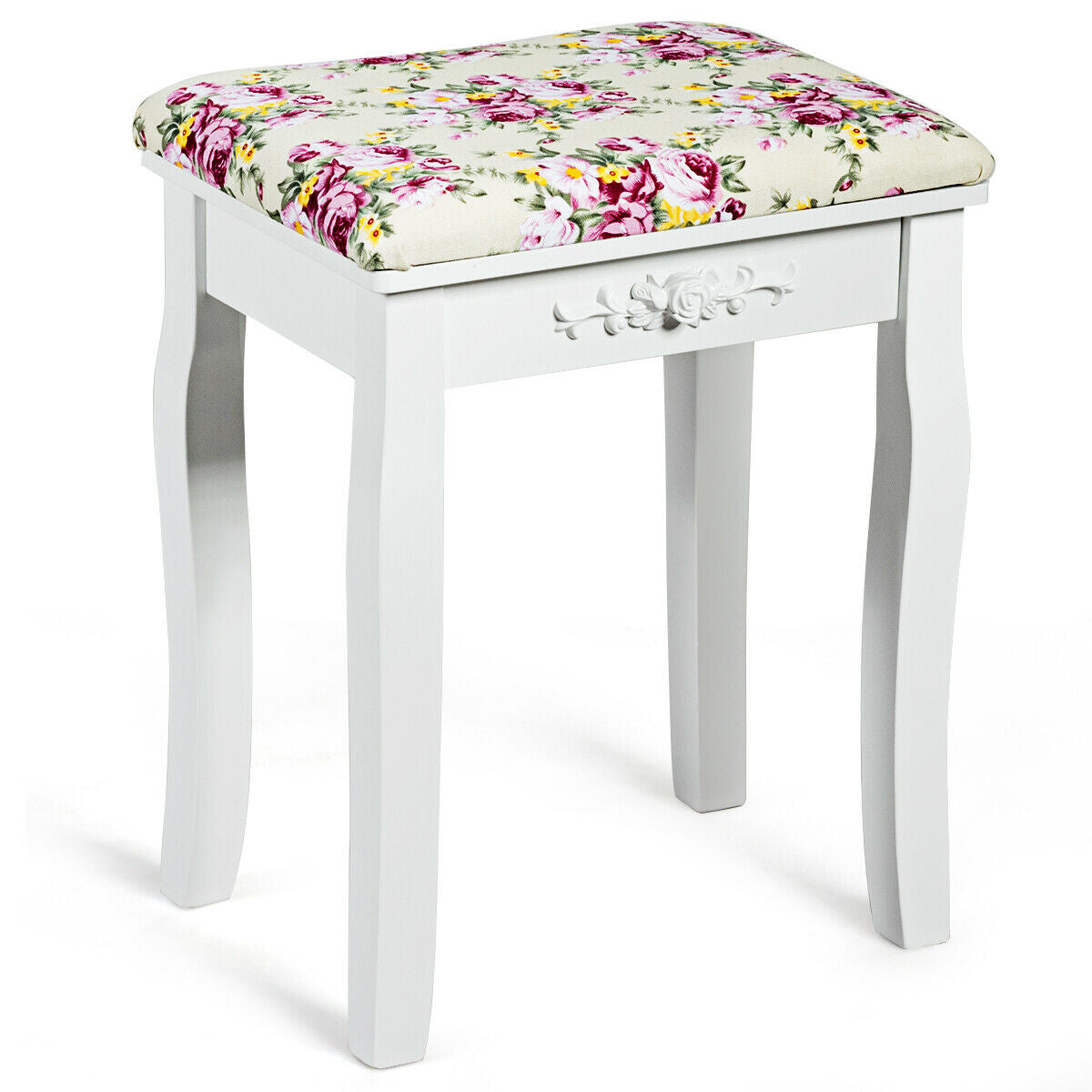 Taburete tocador de madera, asiento de piano acolchado con cojín de rosas