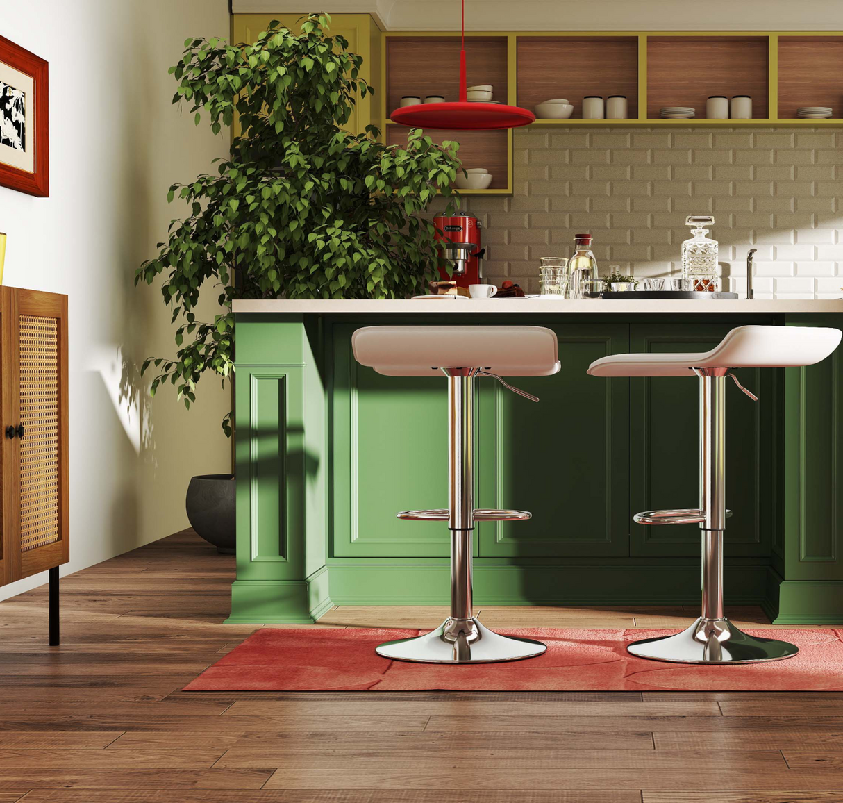 Paquete de 5 piezas para cocina y comedor: Taburetes de bar ajustables (juego de 2) + Taburetes apilables (juego de 6) + Aparador de almacenamiento de ratán