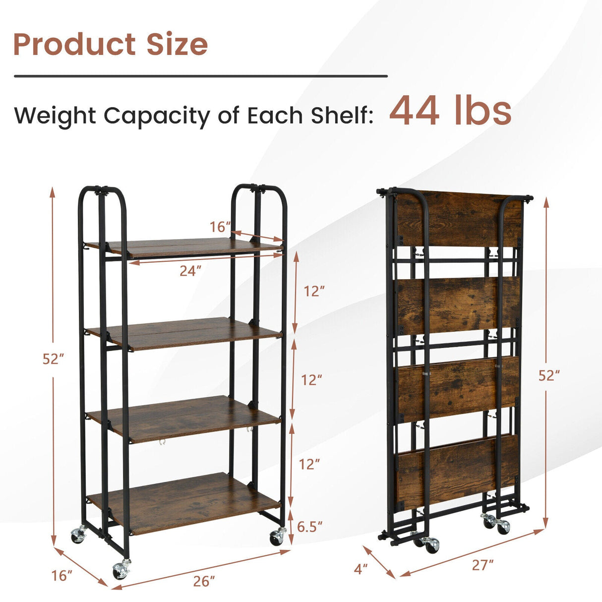 Carrito Plegable con Ruedas y Estantes de Almacenamiento para Cocina-4 Niveles