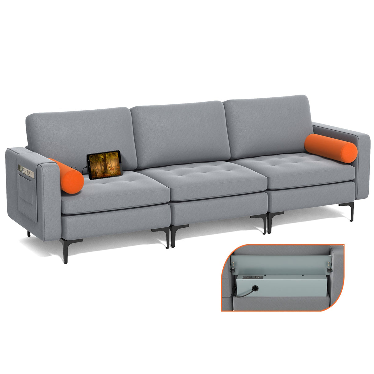 Sofá modular seccional en forma de L de 1/2/3/4 plazas con puerto USB y enchufe - 3 plazas con puerto USB