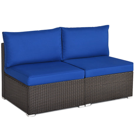 Juego de sofá de ratán para patio de 2 piezas sin reposabrazos con 2 cojines y 2 almohadas