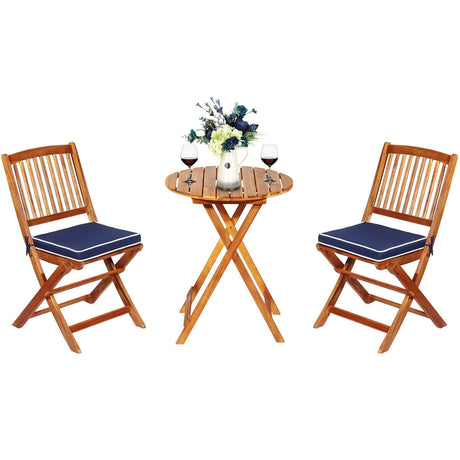 Juego de bistró plegable de 3 piezas para patio con cojín acolchado y mesa de centro redonda - Azul marino