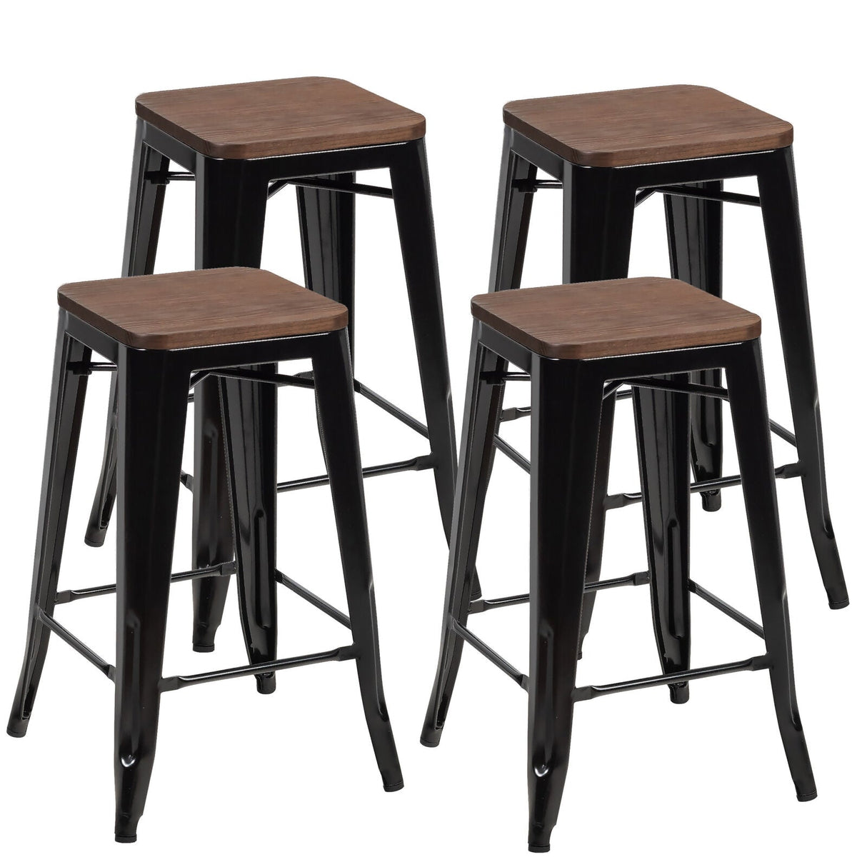 Juego de 4 taburetes de bar sin respaldo a la altura de la encimera con asientos de madera - Negro