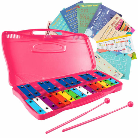 Glockenspiel de 25 notas para niños, xilófono cromático de metal - Rosa