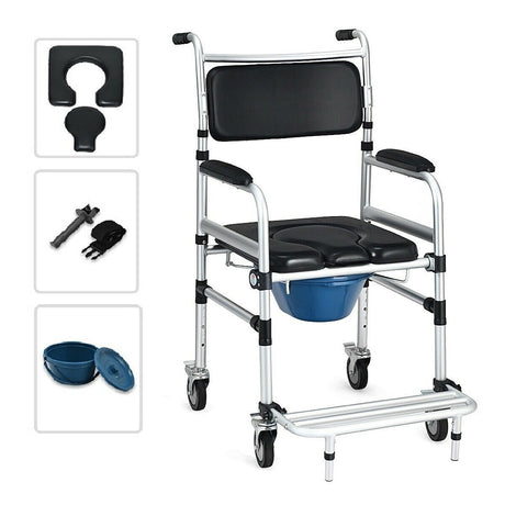 Silla de ruedas de aluminio 2 en 1 para ducha e inodoro con ruedas con bloqueo