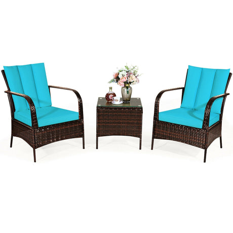 Juego de Muebles de Ratán para Patio de 3 Piezas con Mesa de Centro de Cristal y Cojines