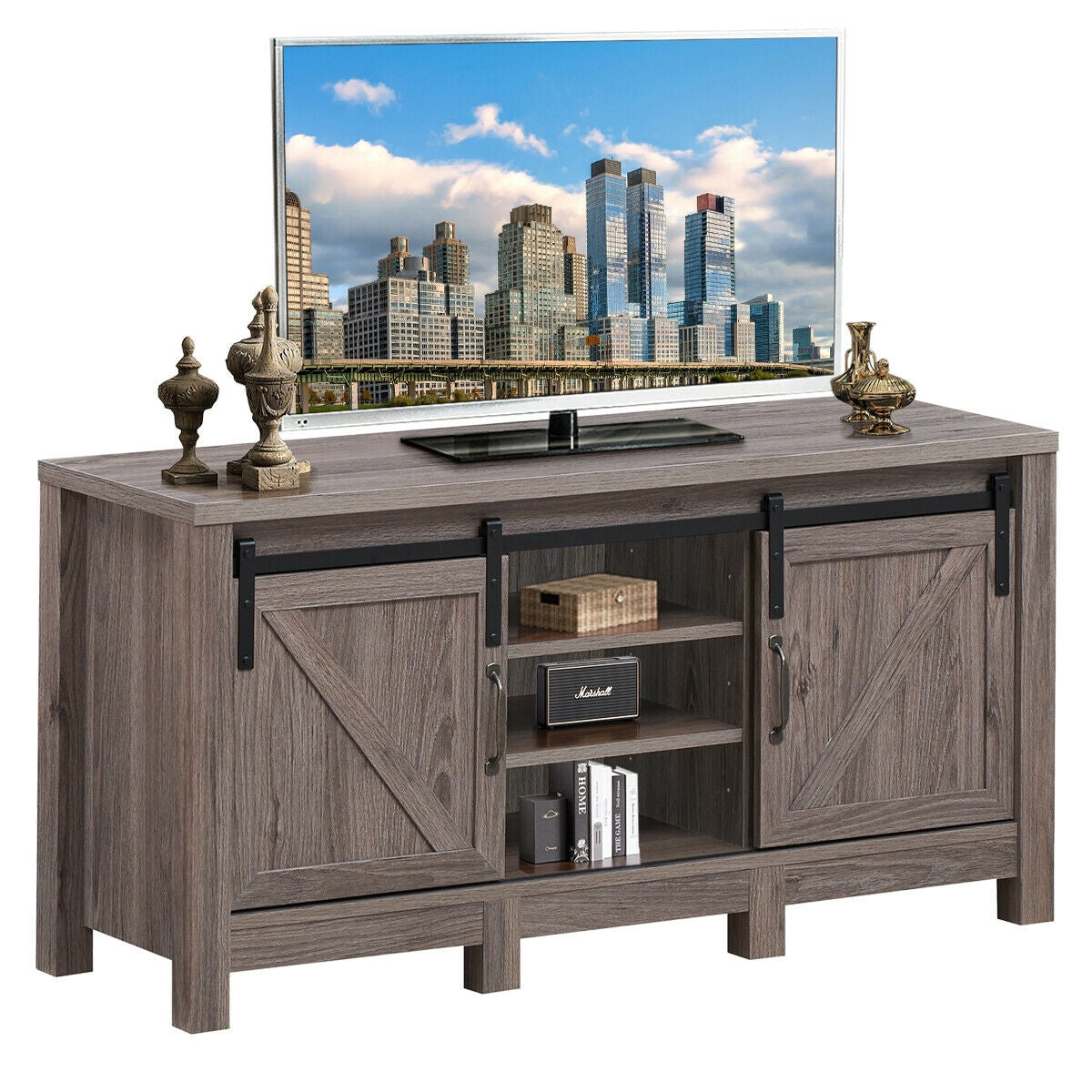 Mueble para TV de 55 pulgadas con puertas corredizas estilo granero y estantes ajustables