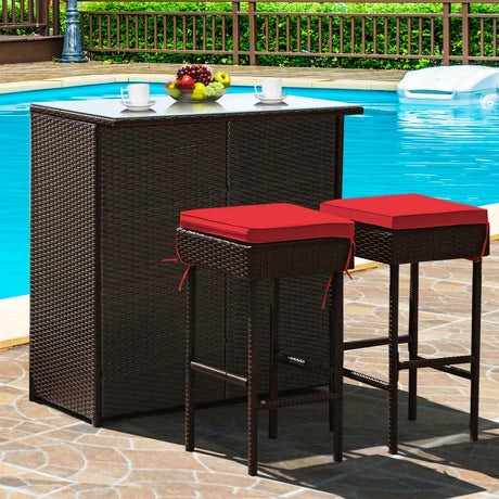 3PCS Patio Rattan Wicker Bar Table Stools Dining Set-Turquoise