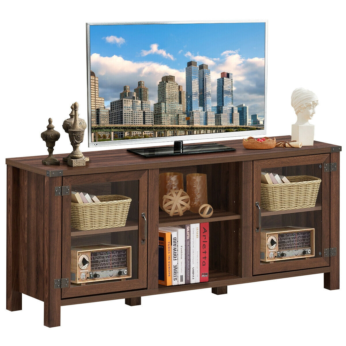 Mueble para TV y centro de entretenimiento para televisores de hasta 65 pulgadas con gabinetes de almacenamiento