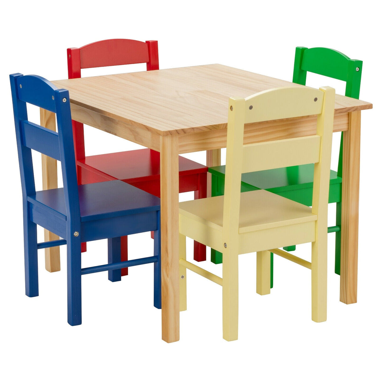 Juego de mesa y 5 sillas de madera de pino para niños